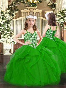 Modern Green Sleeveless Tulle Lace Up Kids Pageant Dress for Party and Quinceanera