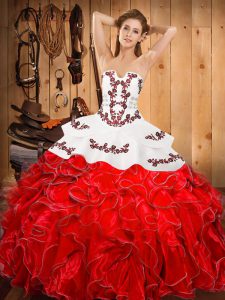  Wine Red Ball Gowns Embroidery and Ruffles 15th Birthday Dress Lace Up Satin and Organza Sleeveless Floor Length