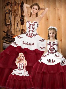  Sleeveless Organza Sweep Train Lace Up Quince Ball Gowns in Wine Red with Embroidery