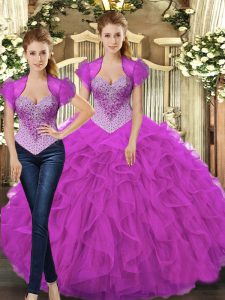 Fantastic Floor Length Lace Up Vestidos de Quinceanera Fuchsia for Military Ball and Sweet 16 and Quinceanera with Beading and Ruffles