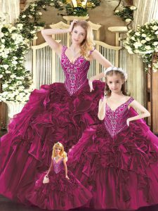Sexy Fuchsia Ball Gowns Beading and Ruffles Vestidos de Quinceanera Lace Up Organza Sleeveless Floor Length