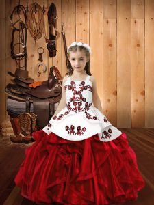 Simple Straps Sleeveless Lace Up Little Girl Pageant Gowns Wine Red Organza