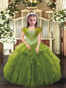 Beautiful Olive Green Straps Neckline Beading and Ruffles Little Girl Pageant Dress Sleeveless Lace Up
