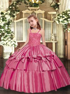 Stylish Sleeveless Floor Length Beading and Ruffled Layers Lace Up Child Pageant Dress with Rose Pink 