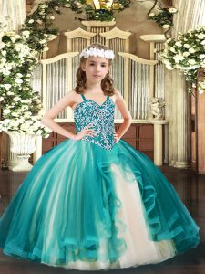 Custom Made Teal Ball Gowns Straps Sleeveless Tulle Floor Length Lace Up Beading Girls Pageant Dresses