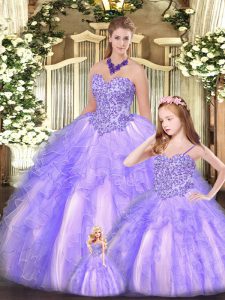  Lavender Lace Up Quinceanera Gowns Beading and Ruffles Sleeveless Floor Length