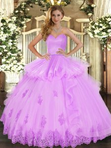  Sleeveless Tulle Floor Length Lace Up 15th Birthday Dress in Lilac with Beading and Appliques and Ruffles