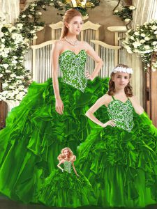 Deluxe Green Sweetheart Lace Up Beading and Ruffles Quinceanera Gown Sleeveless