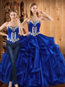  Royal Blue Organza Lace Up 15th Birthday Dress Sleeveless Floor Length Embroidery and Ruffles