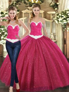 Captivating Fuchsia Sleeveless Tulle Lace Up Quinceanera Gown for Military Ball and Sweet 16 and Quinceanera