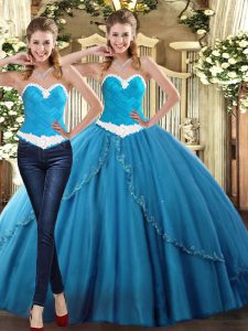  Floor Length Lace Up Quinceanera Dress Teal for Military Ball and Sweet 16 and Quinceanera with Beading