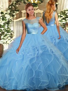  Baby Blue Ball Gowns Lace and Ruffles 15 Quinceanera Dress Backless Tulle Sleeveless Floor Length