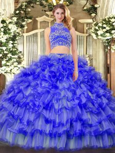 Clearance Tulle High-neck Sleeveless Backless Beading and Ruffled Layers 15 Quinceanera Dress in Blue