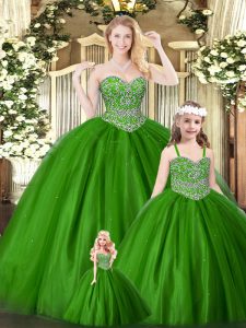  Green Tulle Lace Up 15 Quinceanera Dress Sleeveless Floor Length Beading