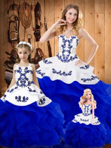 New Arrival Royal Blue Sleeveless Floor Length Embroidery and Ruffles Lace Up 15 Quinceanera Dress