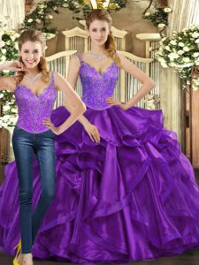 Colorful Purple Quinceanera Gown Military Ball and Sweet 16 and Quinceanera with Beading and Ruffles Straps Sleeveless Lace Up