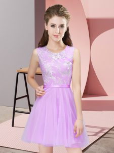Dynamic Scoop Sleeveless Vestidos de Damas Mini Length Lace Lilac Tulle
