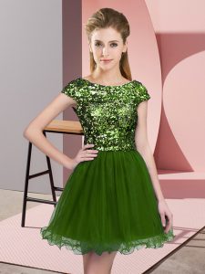 New Style Olive Green A-line Scoop Cap Sleeves Tulle Mini Length Zipper Sequins Vestidos de Damas