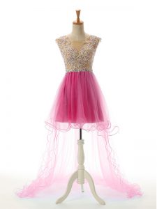 Cute Tulle Scoop Sleeveless Backless Appliques Prom Party Dress in Rose Pink 
