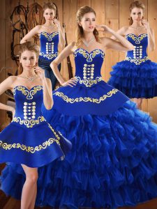  Sleeveless Floor Length Embroidery and Ruffled Layers Lace Up Quinceanera Gowns with Blue