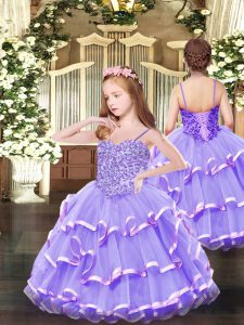 Lavender Spaghetti Straps Neckline Appliques and Ruffled Layers Little Girls Pageant Dress Wholesale Sleeveless Lace Up