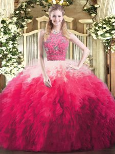  Multi-color Ball Gown Prom Dress Military Ball and Sweet 16 and Quinceanera with Beading and Ruffles Halter Top Sleeveless Zipper