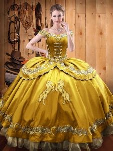 Gold Sleeveless Beading and Embroidery Floor Length Ball Gown Prom Dress