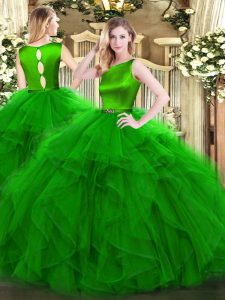 Trendy Scoop Sleeveless Clasp Handle 15th Birthday Dress Green Organza