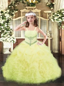  Yellow Ball Gowns Organza Straps Sleeveless Beading and Ruffles and Pick Ups Floor Length Lace Up Custom Made