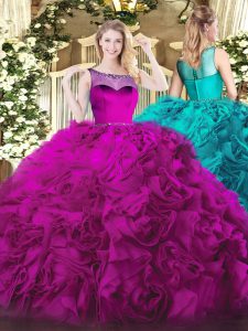 Sexy Fuchsia Sweet 16 Dress Sweet 16 and Quinceanera with Beading Scoop Sleeveless Zipper