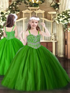  Green Ball Gowns Straps Sleeveless Tulle Floor Length Lace Up Beading Girls Pageant Dresses
