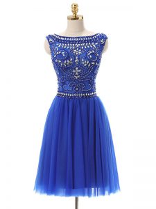 Best Selling Bateau Sleeveless Evening Dress Mini Length Beading Royal Blue Tulle