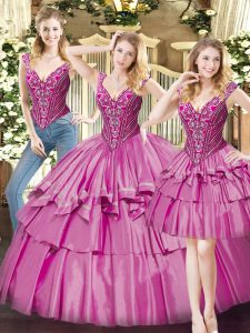 Graceful Fuchsia Lace Up Ball Gown Prom Dress Beading and Ruffled Layers Sleeveless Floor Length