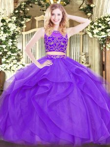 Fantastic Lavender Two Pieces Beading and Ruffles 15th Birthday Dress Zipper Tulle Sleeveless Floor Length