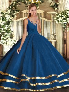 Deluxe Blue Ball Gowns Tulle V-neck Sleeveless Ruching Floor Length Backless Vestidos de Quinceanera