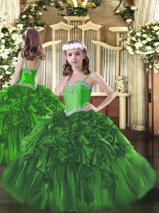  Ball Gowns Little Girl Pageant Dress Dark Green Straps Organza Sleeveless Floor Length Lace Up