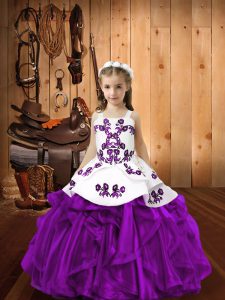 Eggplant Purple Ball Gowns Embroidery and Ruffles Little Girls Pageant Gowns Lace Up Organza Sleeveless