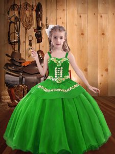 Exquisite Green Lace Up Little Girls Pageant Gowns Embroidery Sleeveless Floor Length