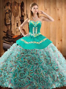 Decent Satin and Fabric With Rolling Flowers Sweetheart Sleeveless Brush Train Lace Up Embroidery Quinceanera Dresses in Multi-color