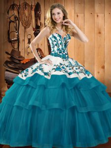  Sleeveless Embroidery Lace Up Sweet 16 Quinceanera Dress with Teal Sweep Train