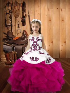 Fancy Organza Straps Sleeveless Lace Up Embroidery and Ruffles Kids Formal Wear in Fuchsia