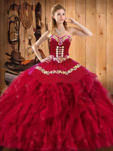 Captivating Wine Red Sleeveless Embroidery and Ruffles Floor Length Quinceanera Dresses