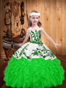  Green Ball Gowns Straps Sleeveless Organza Floor Length Lace Up Embroidery and Ruffles Child Pageant Dress
