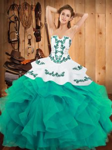  Embroidery and Ruffles 15 Quinceanera Dress Turquoise Lace Up Sleeveless Floor Length