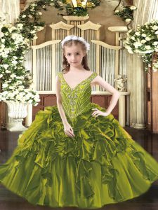 Discount Floor Length Lace Up Pageant Gowns For Girls Olive Green for Party and Quinceanera with Beading and Ruffles