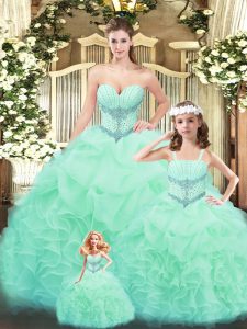  Sweetheart Sleeveless Quince Ball Gowns Floor Length Beading and Ruffles Apple Green Tulle