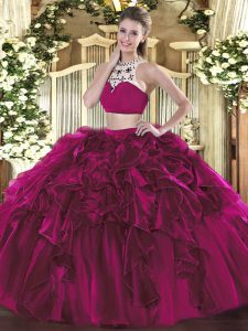 Exquisite Fuchsia Sleeveless Tulle Backless Sweet 16 Dress for Military Ball and Sweet 16 and Quinceanera