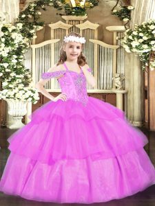 Top Selling Lilac Organza Lace Up Juniors Party Dress Sleeveless Floor Length Beading and Ruffled Layers