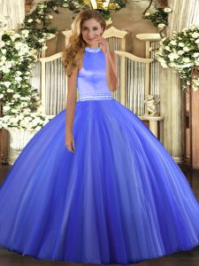 Custom Fit Blue Ball Gowns Halter Top Sleeveless Tulle Floor Length Backless Beading Quinceanera Dresses