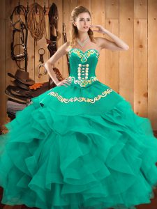 Exceptional Sleeveless Satin and Organza Floor Length Lace Up Vestidos de Quinceanera in Turquoise with Embroidery and Ruffles